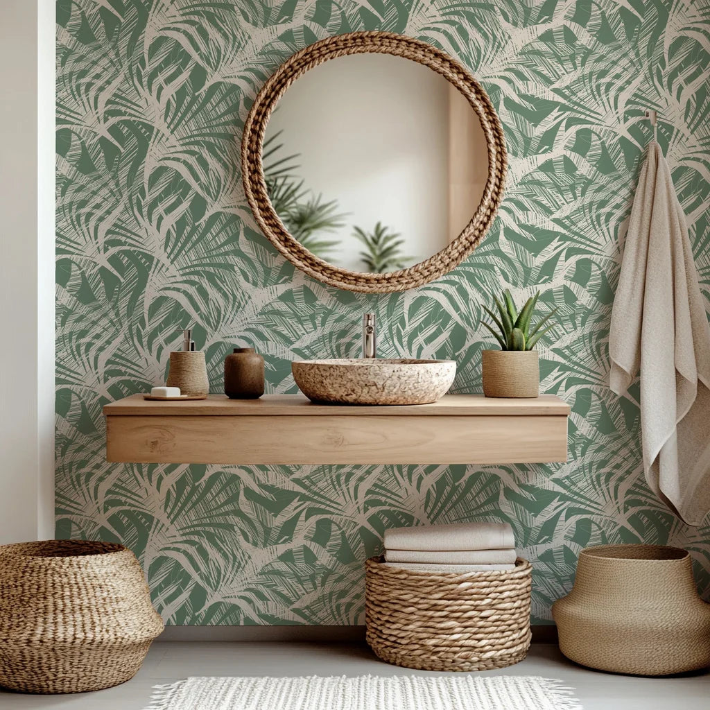 Minimalist sage green and cream palm frond patterned self-adhesive wallpaper