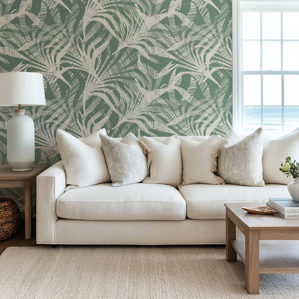 Modern sage green and cream abstract palm leaf self-adhesive wallpaper