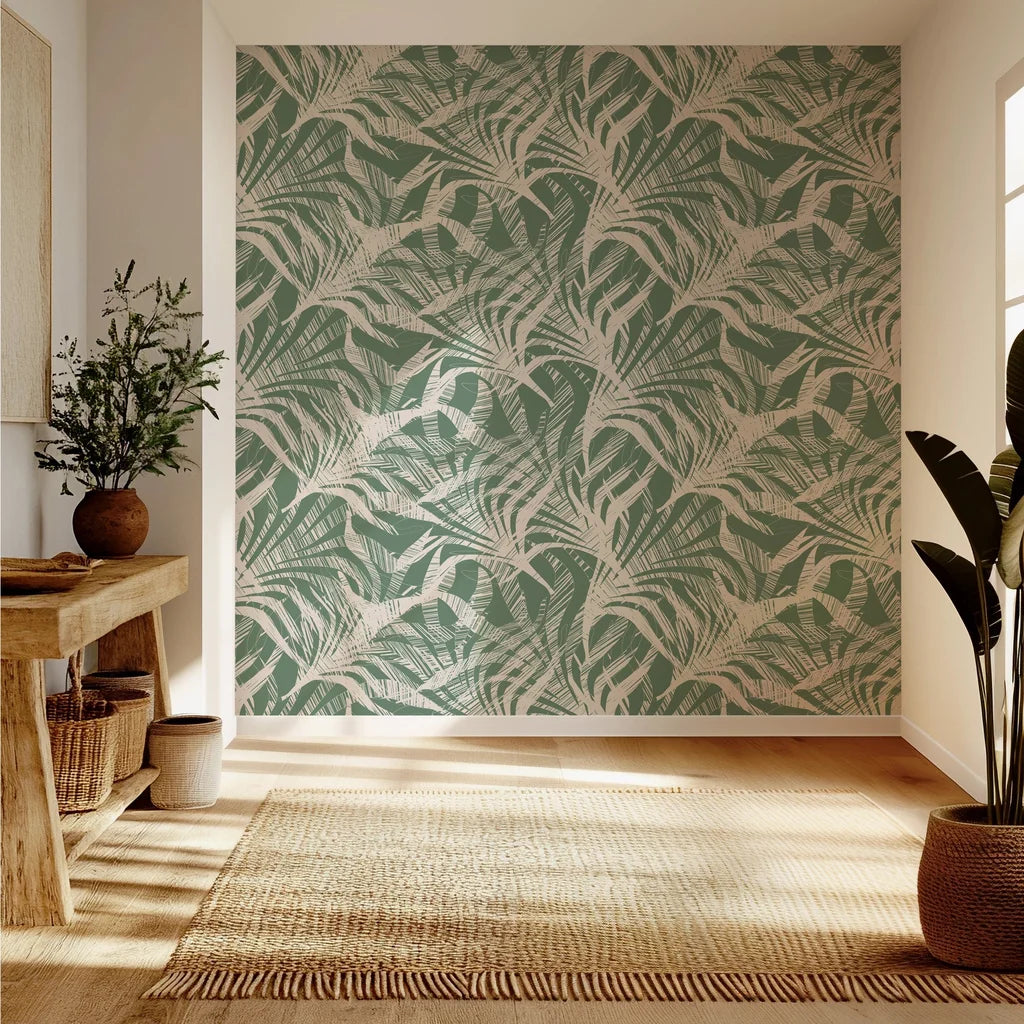 Sage green and cream abstract palm leaf pattern on self-adhesive wallpaper