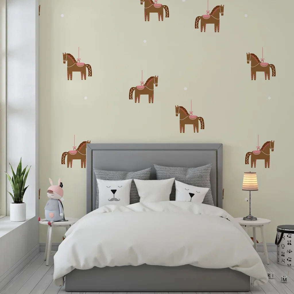 Vintage nursery wall covering featuring playful carousel horses on a soft cream background - Equestrian Dream