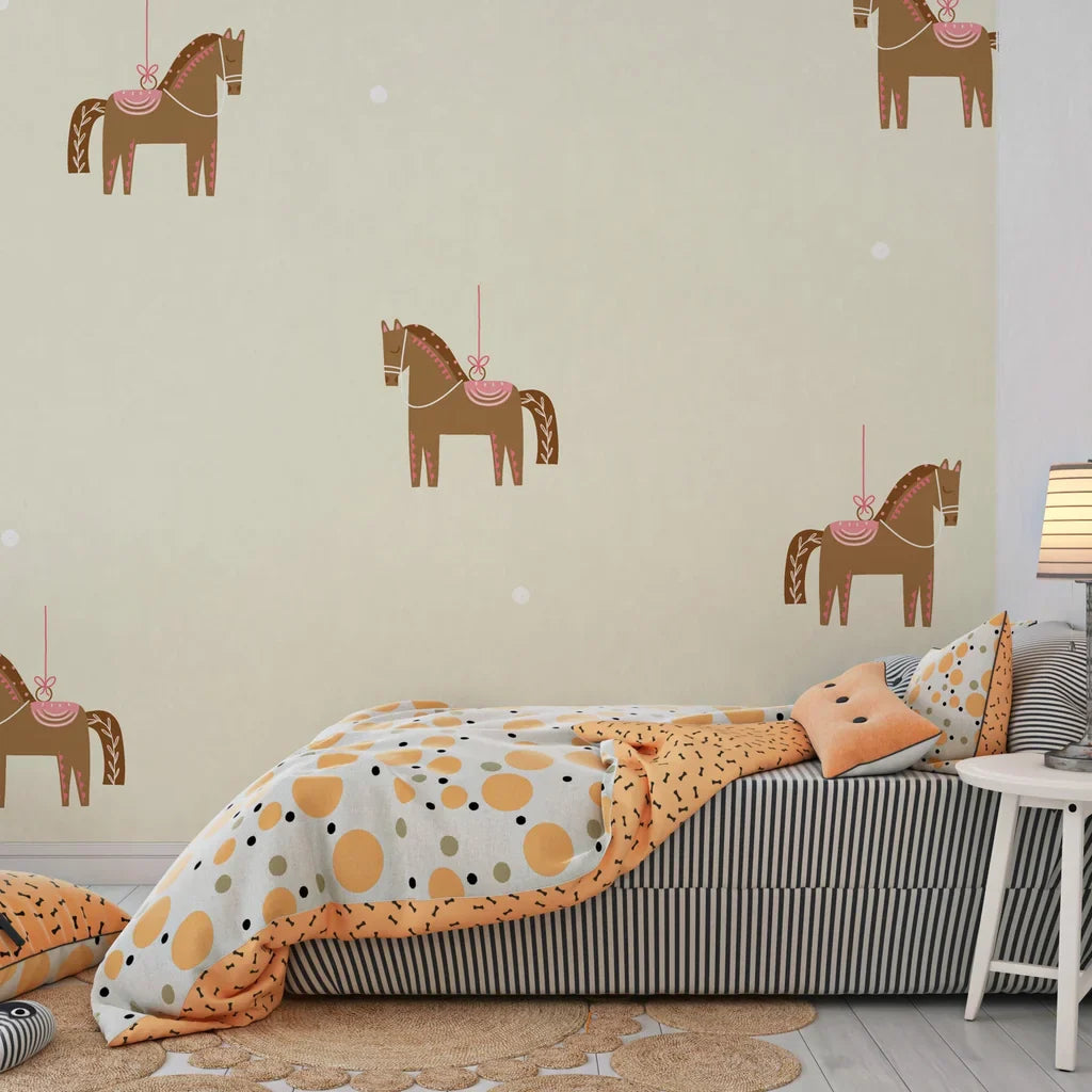 Self-adhesive wallpaper displaying elegant ivory merry-go-round ponies in a whimsical pattern - Equestrian Dream