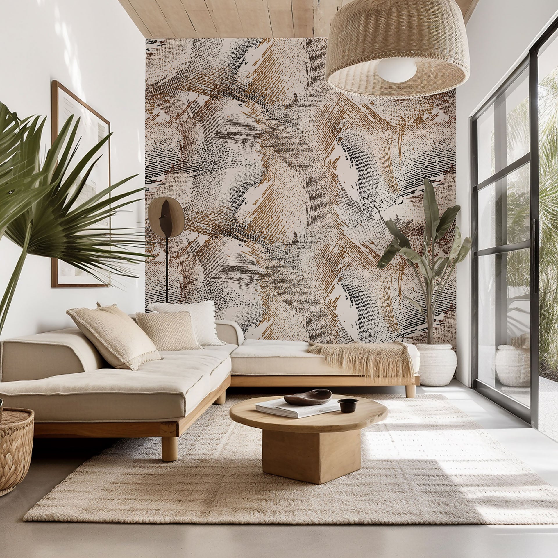 Self-adhesive wallpaper featuring an abstract, eroded line pattern in distressed beige and brown brushstrokes