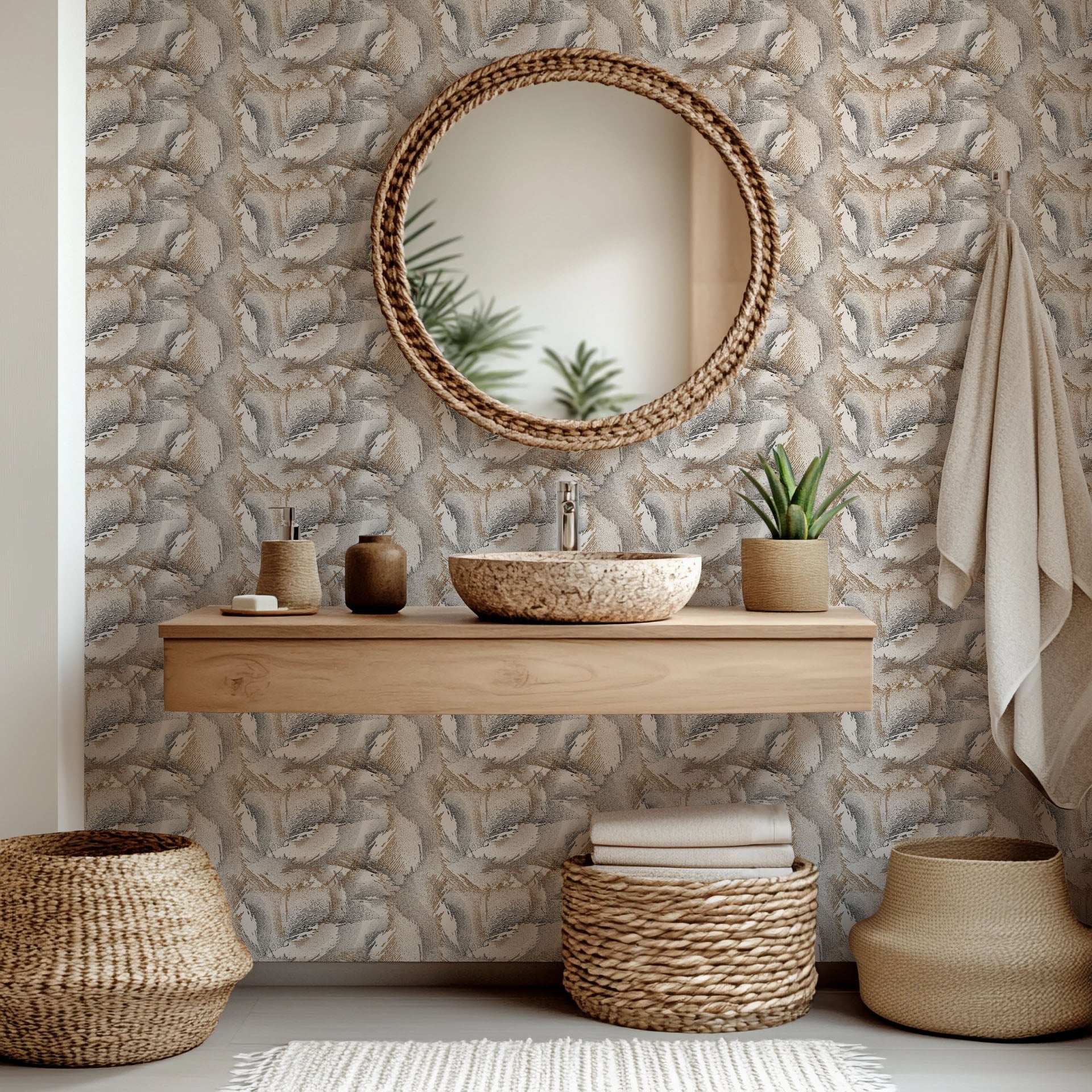 Self-adhesive wallpaper featuring an abstract, eroded line pattern in distressed beige and brown brushstrokes