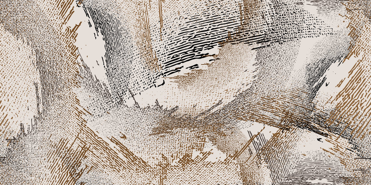 Self-adhesive wallpaper featuring an abstract grunge design in beige and brown brushstrokes, titled 'Eroded Lines'