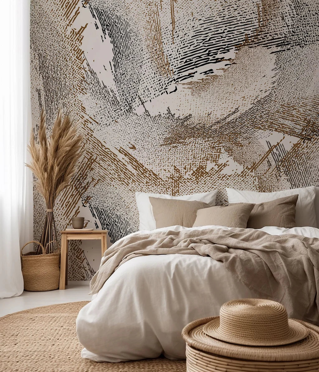 Abstract, self-adhesive wall covering called 'Eroded Lines' featuring distressed beige and brown grunge brushstrokes