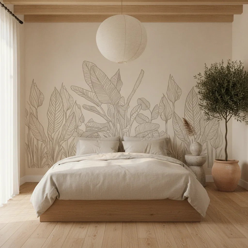 Etched Foliage sketched tan botanical line art in a warm and inviting living room