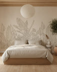 Etched Foliage sketched tan botanical line art in a warm and inviting living room