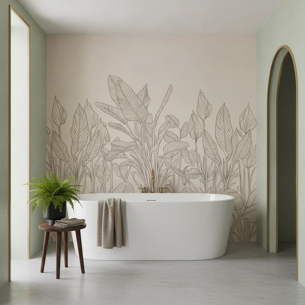 Etched Foliage sketched tan botanical line art adding character to a cozy bedroom