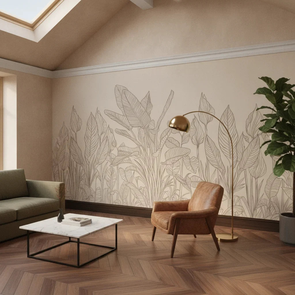 Etched Foliage sketched tan botanical line art as a feature wall in a bright home office