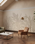Etched Foliage sketched tan botanical line art as a feature wall in a bright home office