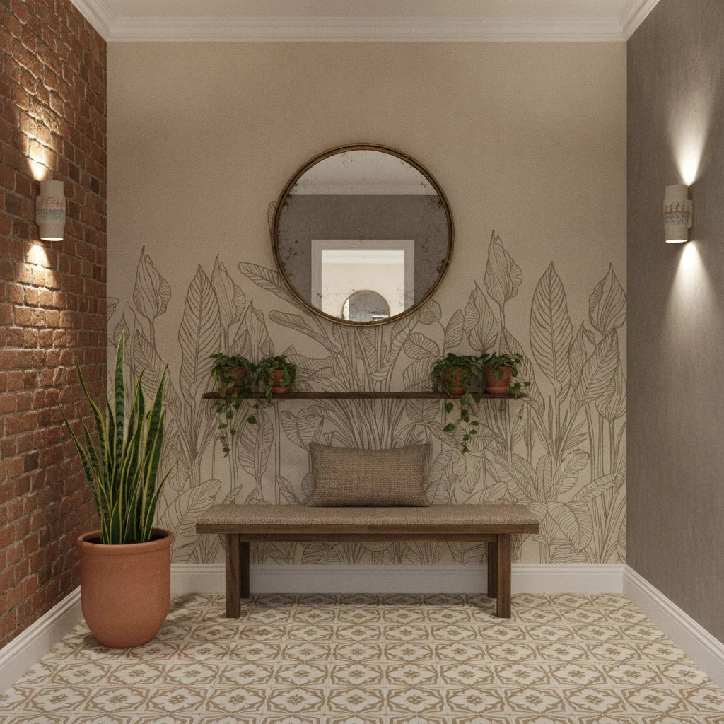 Etched Foliage sketched tan botanical line art creating ambiance in a serene bathroom