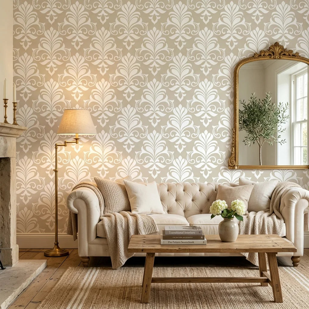 Ethereal Flowers elegant beige damask wallpaper in a warm and inviting living room