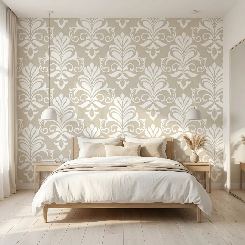 Ethereal Flowers elegant beige damask wallpaper adding character to a cozy bedroom