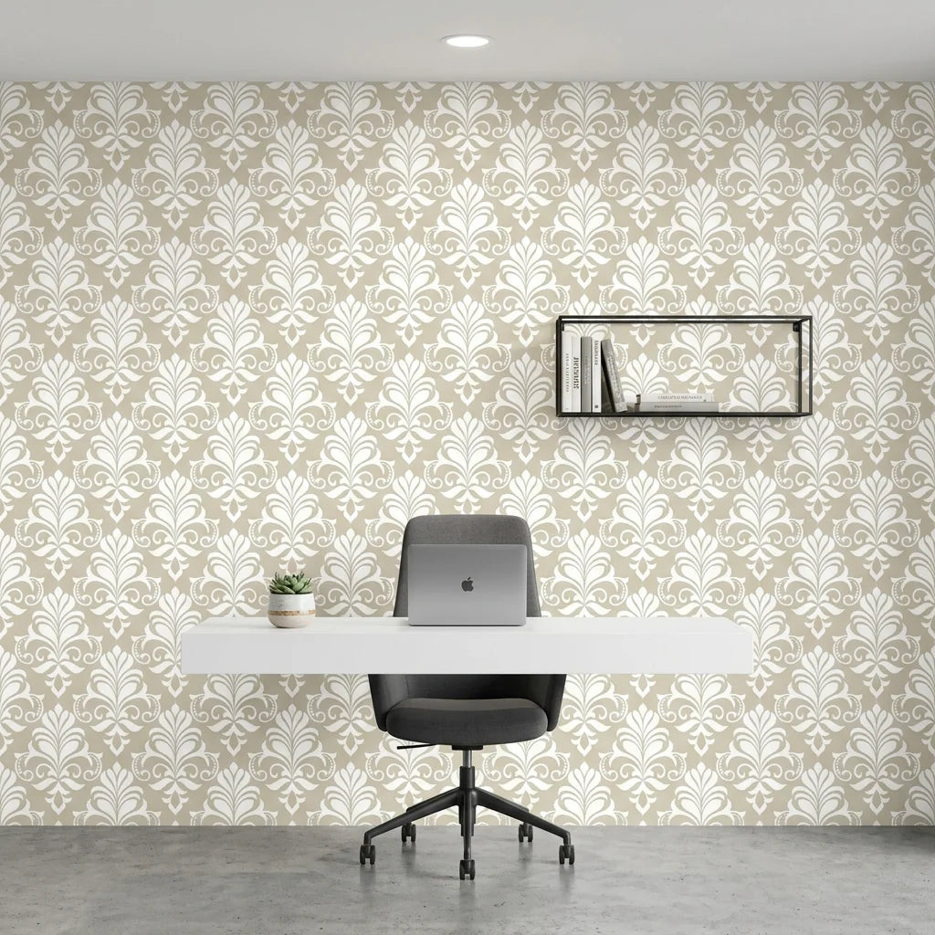 Ethereal Flowers elegant beige damask wallpaper as a feature wall in a bright home office