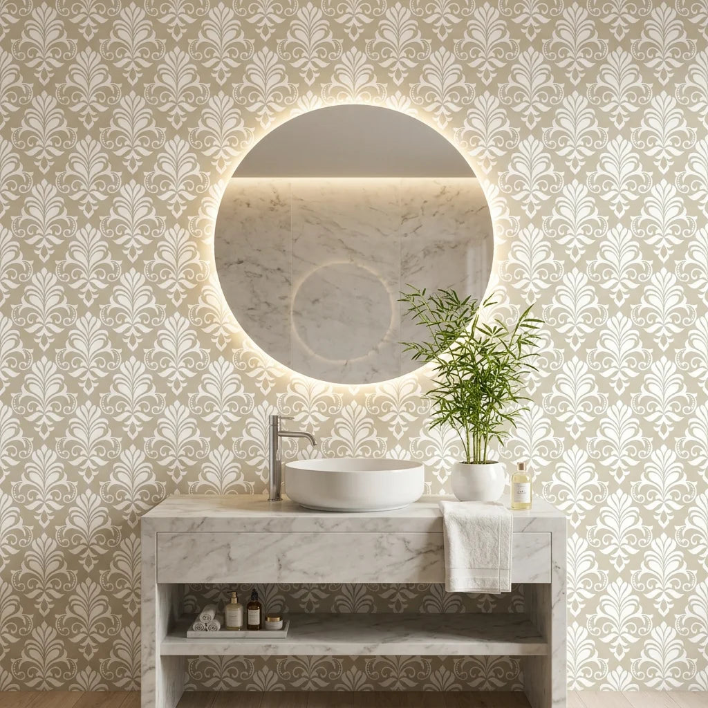 Ethereal Flowers elegant beige damask wallpaper creating ambiance in a serene bathroom