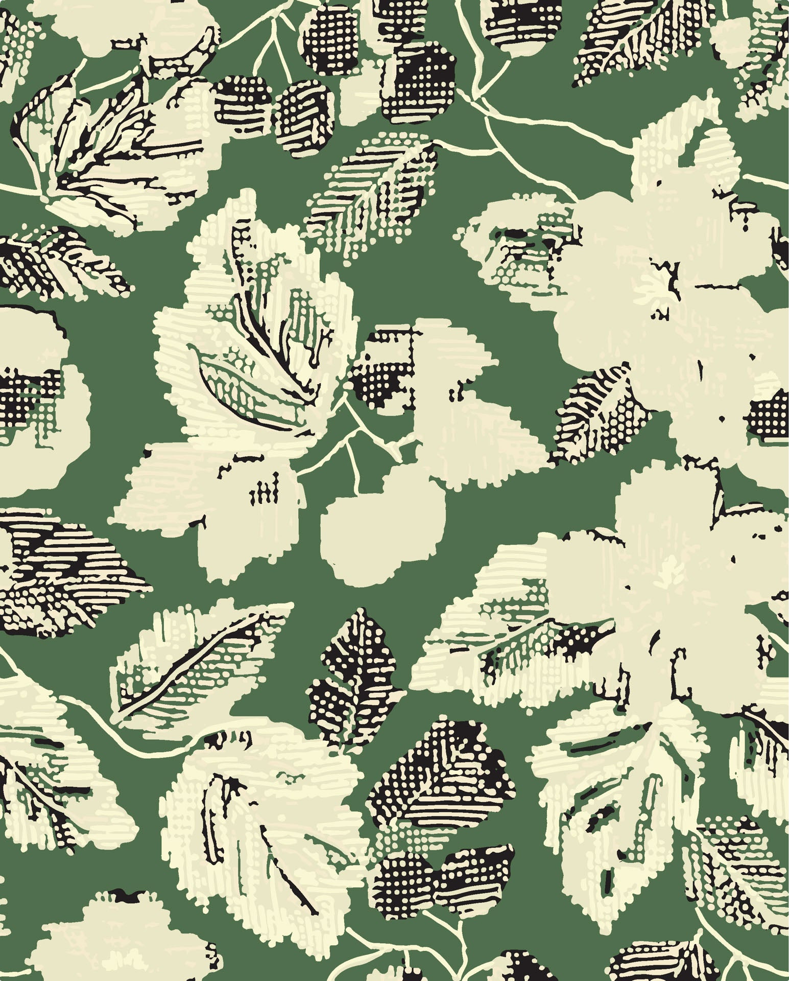 Self-adhesive wallpaper featuring a distressed green and cream botanical flower print