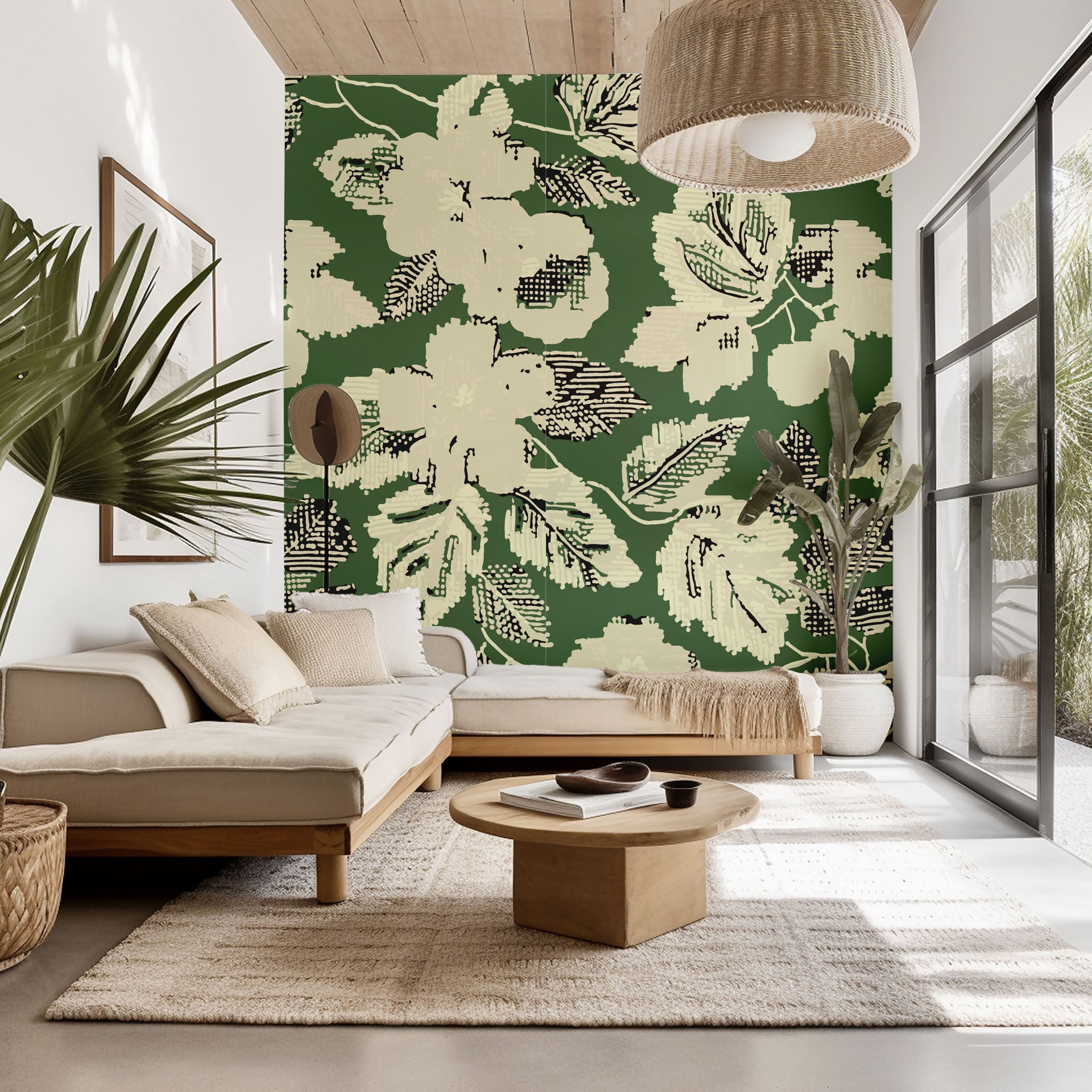 Distressed botanical floral wallpaper in cream and green, featuring a peel-and-stick backing (Ethereal Grove)