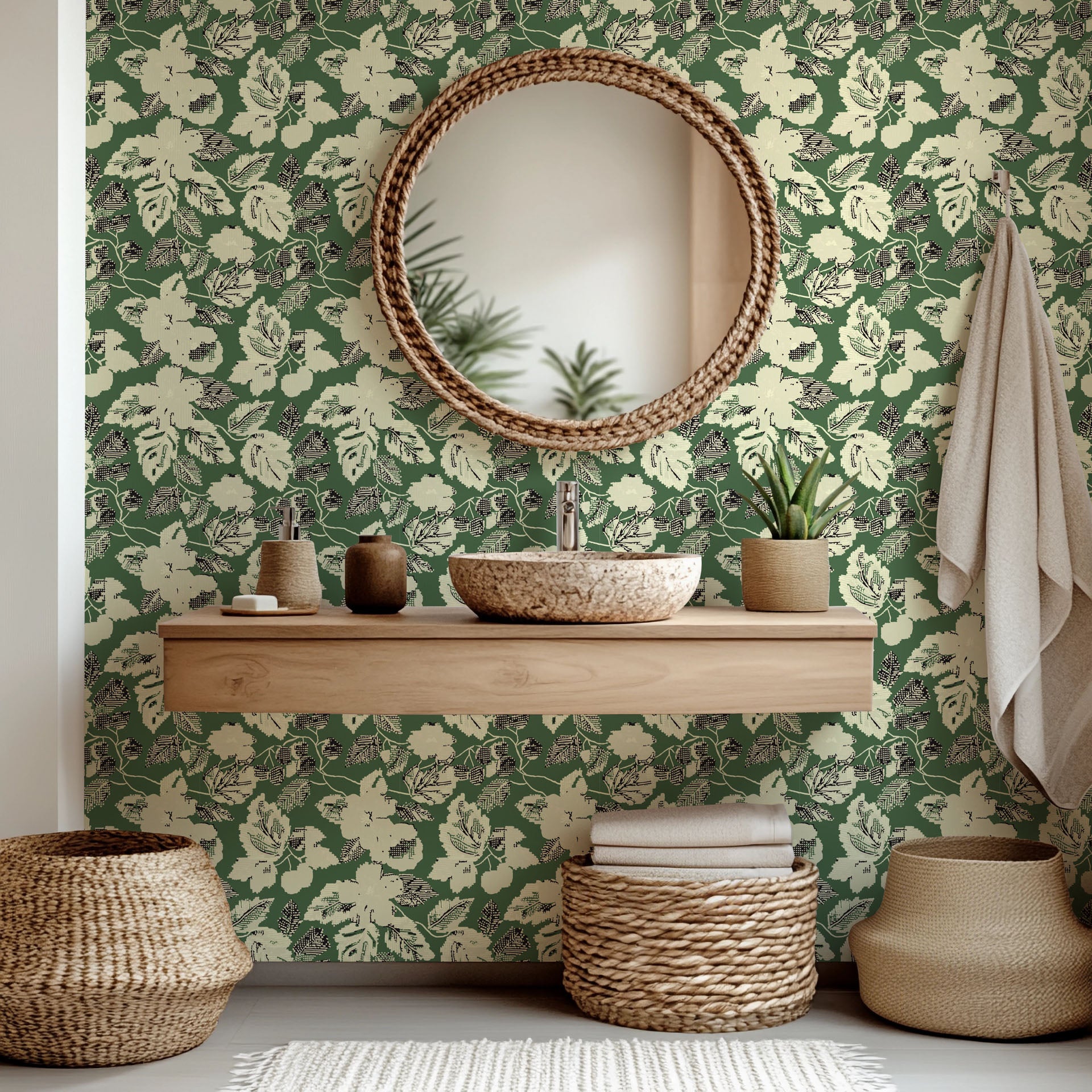 Self-adhesive wallpaper featuring a distressed green and cream botanical flower print