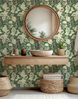 Self-adhesive wallpaper featuring a distressed green and cream botanical flower print