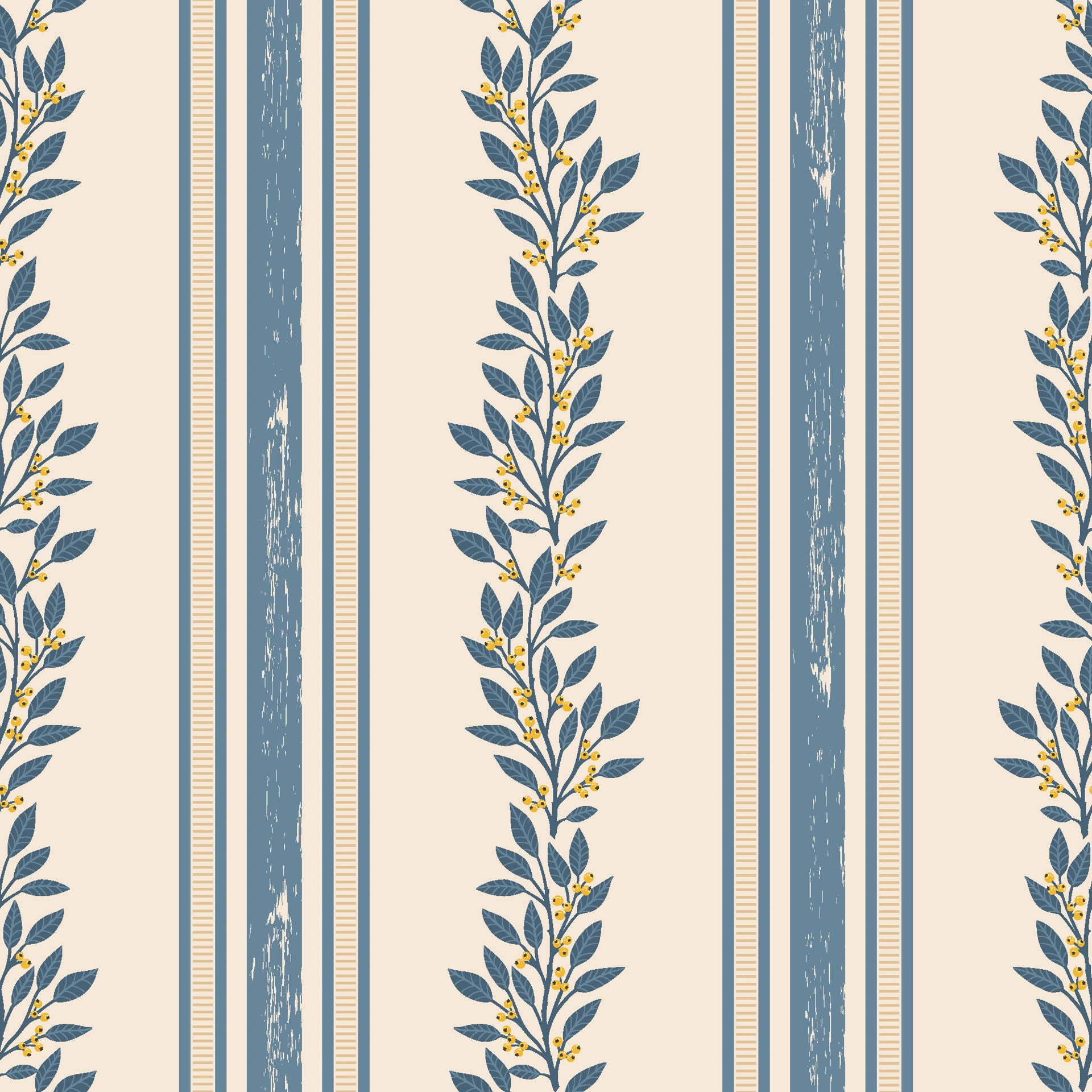 Self-adhesive wallcovering featuring upright cream and blue stripes overlaid with a delicate botanical vine motif, Ethereal Stripes