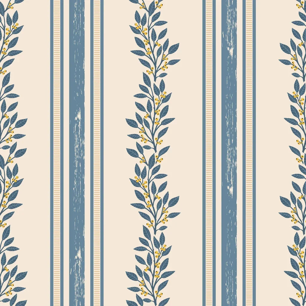 Ethereal Stripes blue and beige floral stripe wallpaper