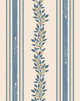 Self-adhesive wallcovering featuring upright cream and blue stripes overlaid with a delicate botanical vine motif, Ethereal Stripes