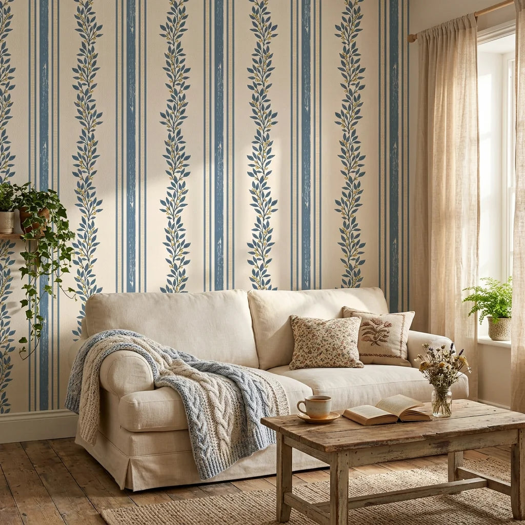 Ethereal Stripes blue and beige floral stripe wallpaper in a warm and inviting living room