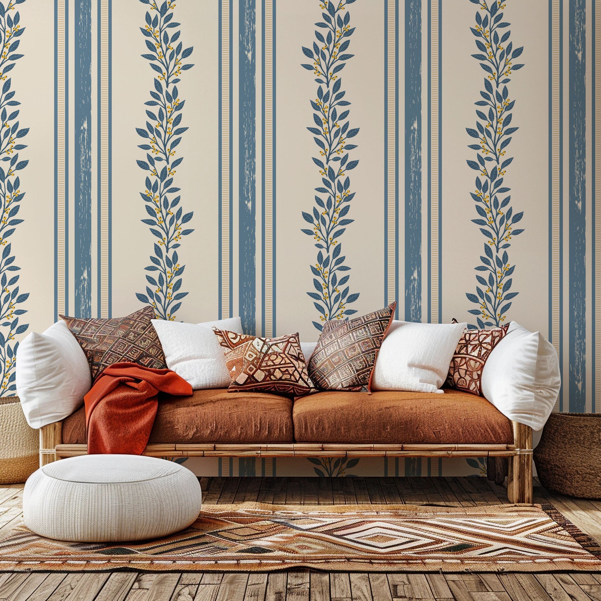 Self-adhesive wall covering featuring cream and blue vertical stripes overlaid with a botanical vine pattern. Product name: Ethereal Stripes