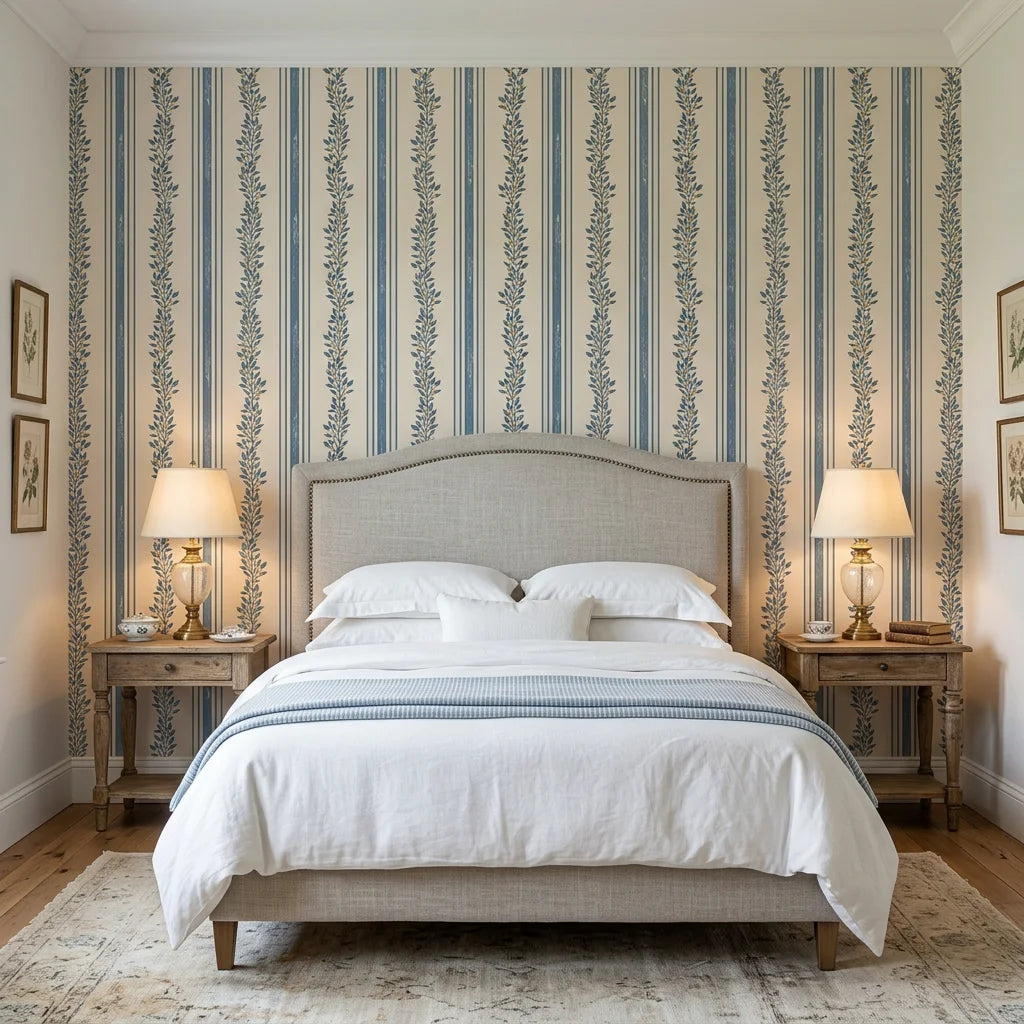Ethereal Stripes blue and beige floral stripe wallpaper adding character to a cozy bedroom