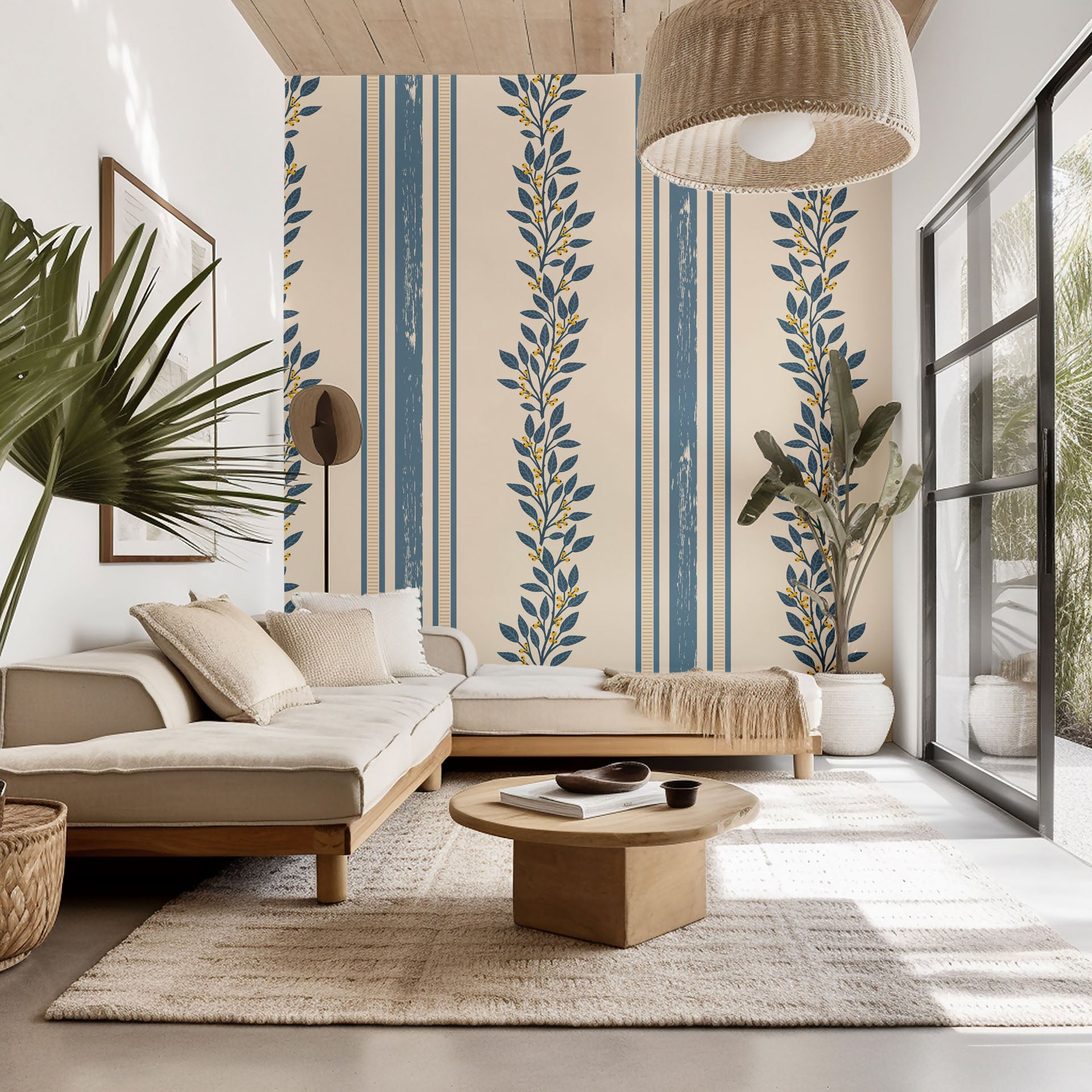 Self-adhesive wallpaper featuring a cream and blue vertical stripe and botanical vine pattern, style name Ethereal Stripes