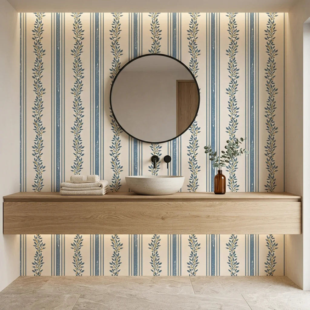 Ethereal Stripes blue and beige floral stripe wallpaper creating ambiance in a serene bathroom
