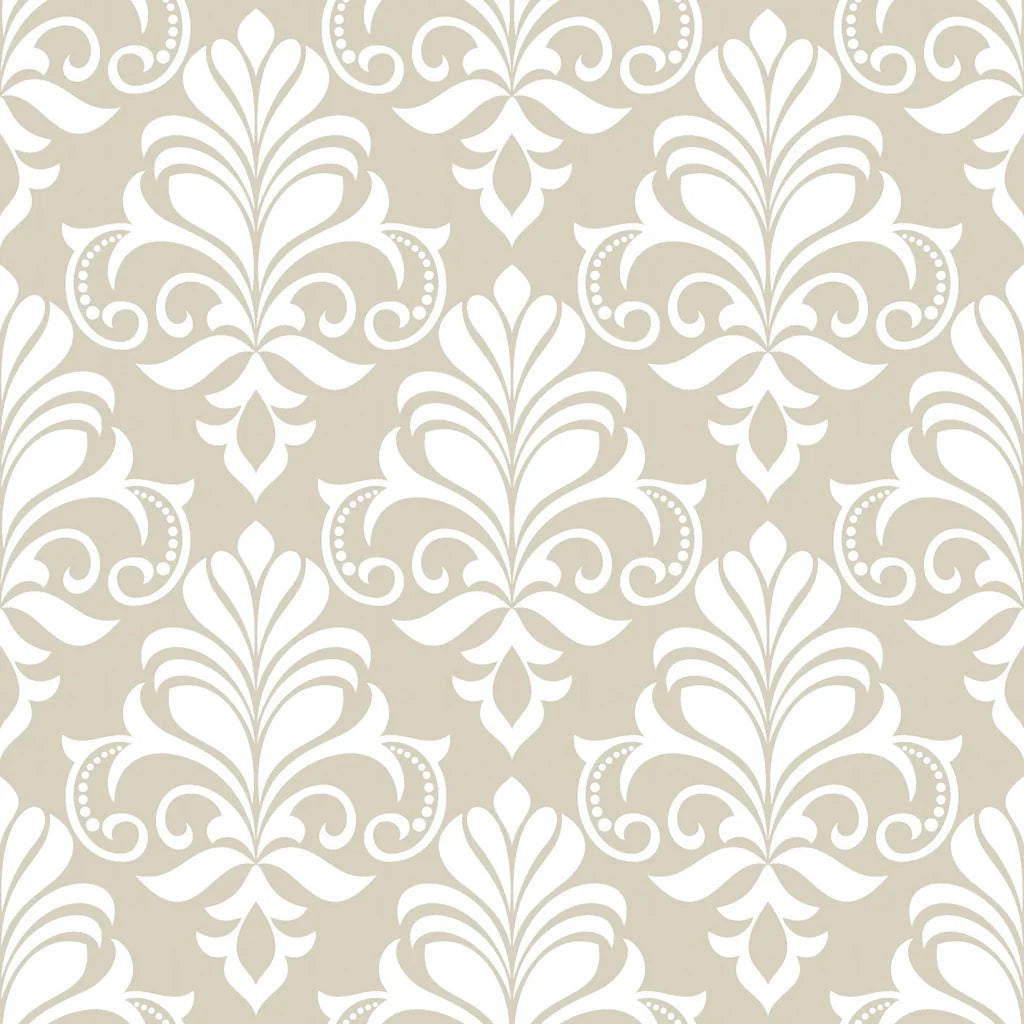 Traditional damask Ethereal Flowers wallpaper in cream and white with ornate scrollwork motifs