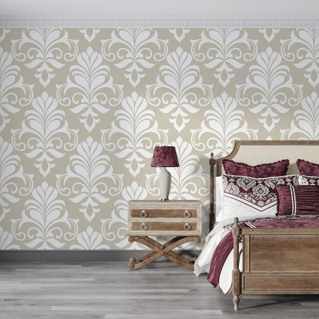 Taupe and white Ethereal Flowers damask wallpaper in elegant bedroom with vintage furniture