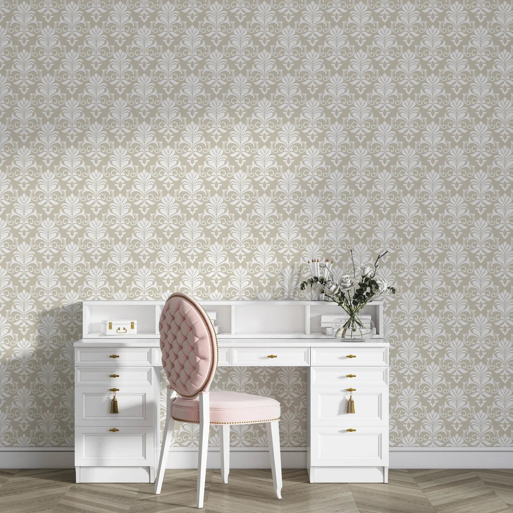 Ethereal Flowers removable wallpaper with sage and ivory damask pattern behind elegant white vanity desk