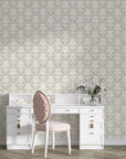 Ethereal Flowers removable wallpaper with sage and ivory damask pattern behind elegant white vanity desk