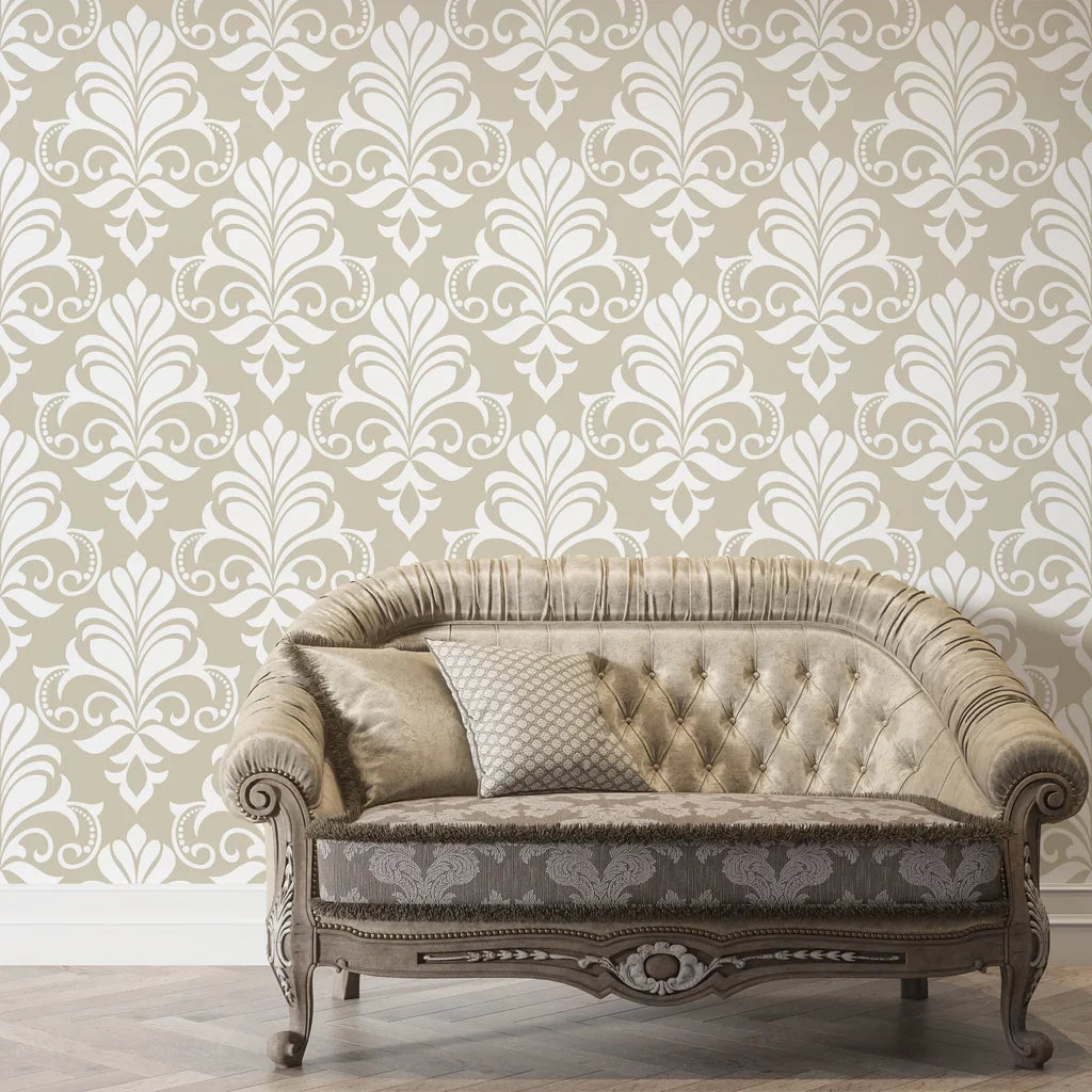 Taupe and ivory Ethereal Flowers damask wallpaper displayed on living room wall with vintage sofa