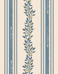 Self-adhesive wallcovering featuring upright cream and blue stripes overlaid with a delicate botanical vine motif, Ethereal Stripes