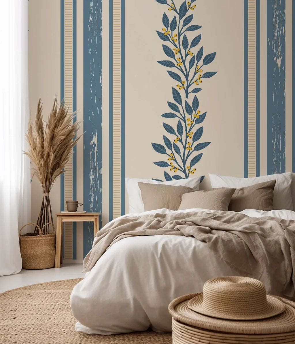 Self-adhesive cream and blue vertical striped wallpaper featuring a botanical vine print