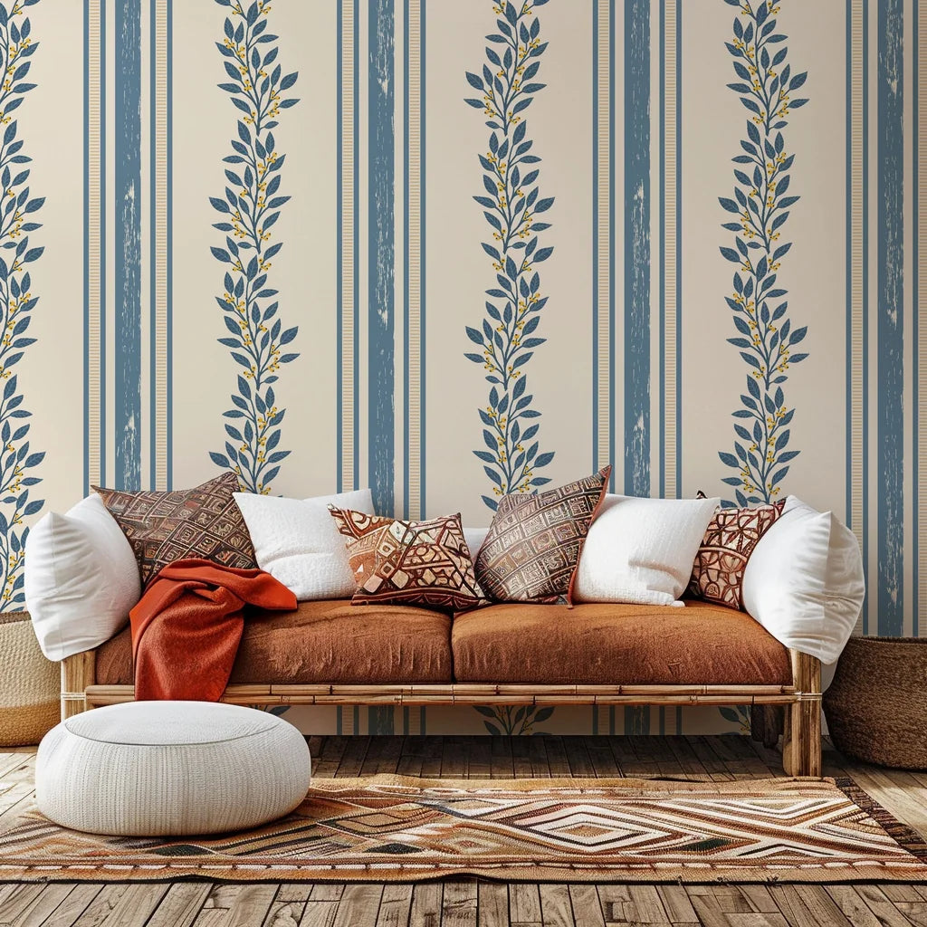 Self-adhesive wall covering featuring cream and blue vertical stripes overlaid with a botanical vine pattern. Product name: Ethereal Stripes