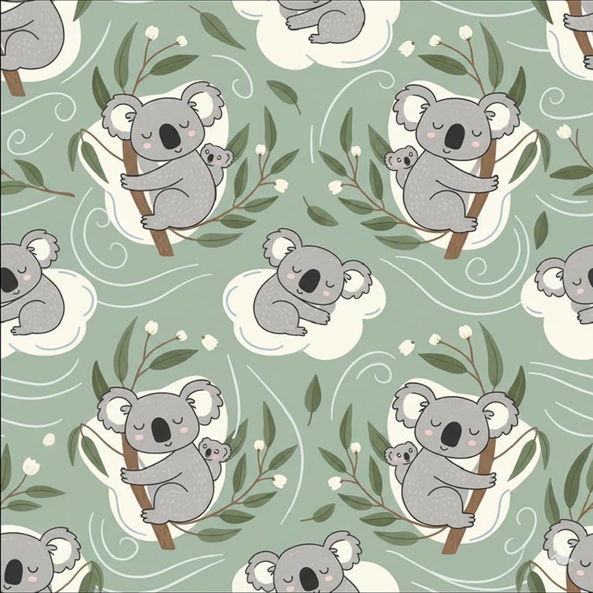 Pattern of koalas and branches on a green background