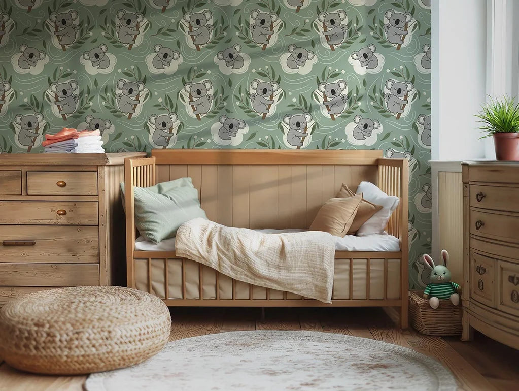 Smooth sage green koala nursery peel and stick wallpaper - Eucalyptus Dream