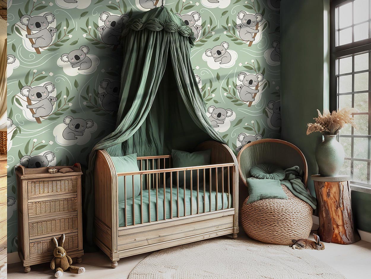 Children's room with crib, green canopy, and koala-themed wallpaper.