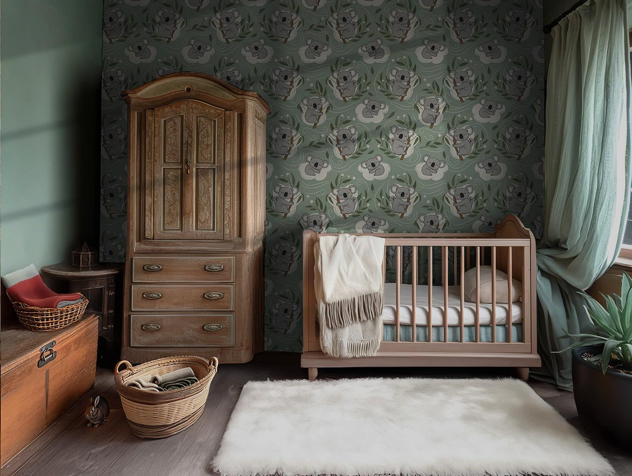 Nursery room with wooden crib, wardrobe, and patterned wallpaper.