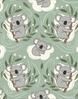 A repeating design featuring koalas and tree limbs set against a vibrant green backdrop