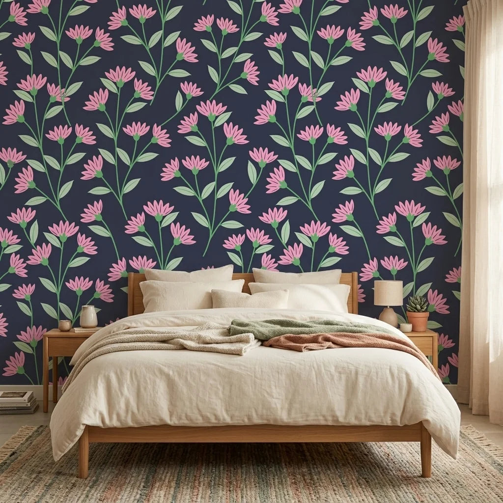 Evening Garden pink floral peel and stick wallpaper adding character to a cozy bedroom
