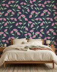 Evening Garden pink floral peel and stick wallpaper adding character to a cozy bedroom