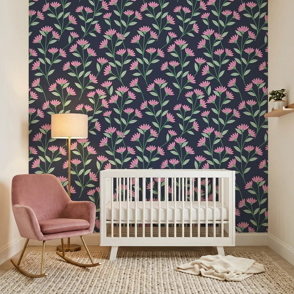 Evening Garden pink floral peel and stick wallpaper bringing warmth to a peaceful nursery