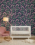 Evening Garden pink floral peel and stick wallpaper bringing warmth to a peaceful nursery
