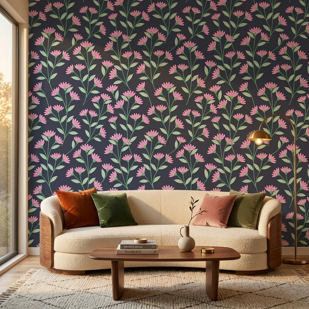 Evening Garden pink floral peel and stick wallpaper in a warm and inviting living room