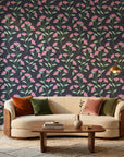 Evening Garden pink floral peel and stick wallpaper in a warm and inviting living room